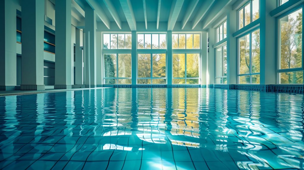 
Luxurious indoor swimming pool with large windows, reflecting natural light, and surrounded by modern architectural design